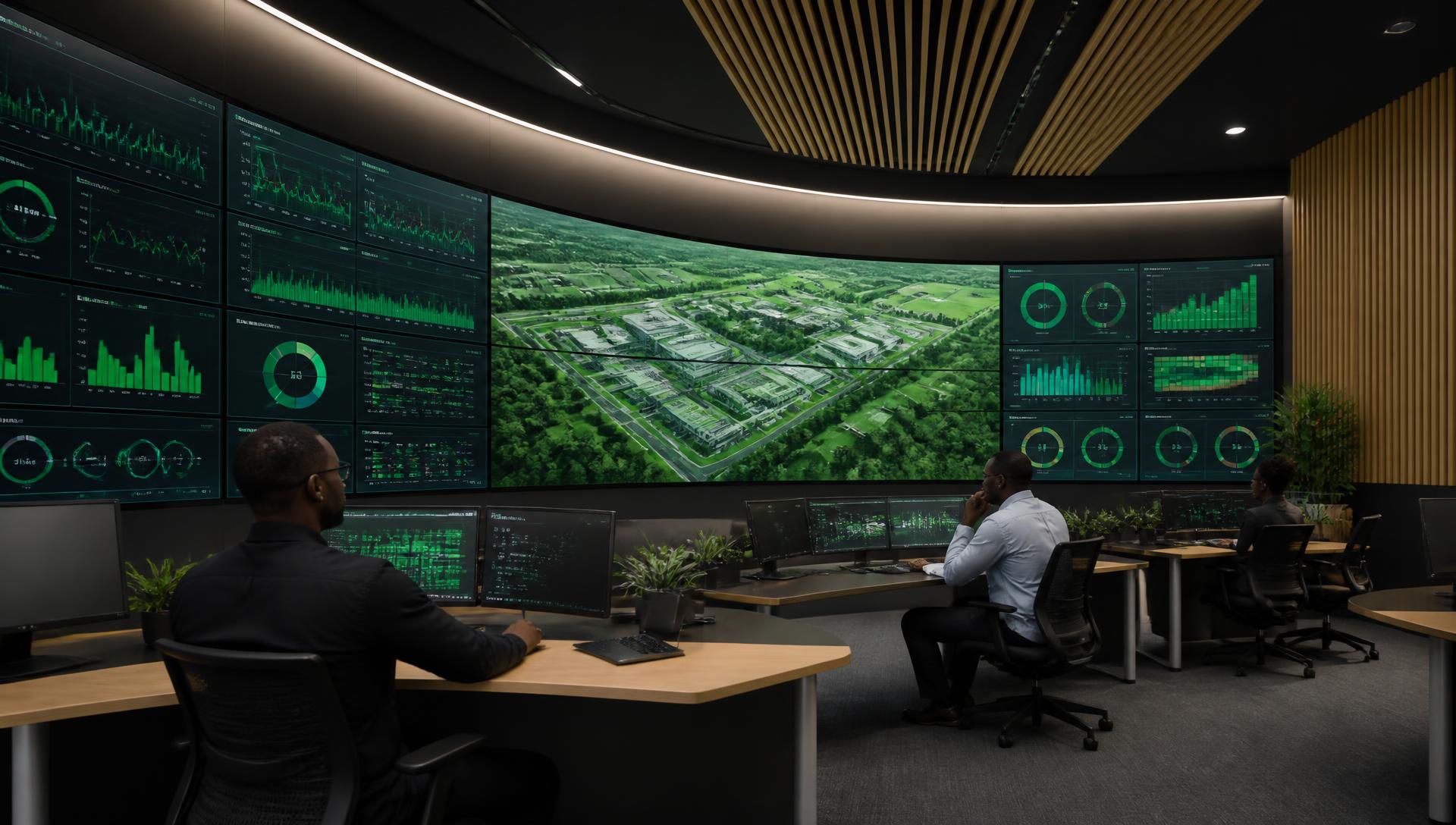 AI control centre with curved screen wall showing campus digital twin