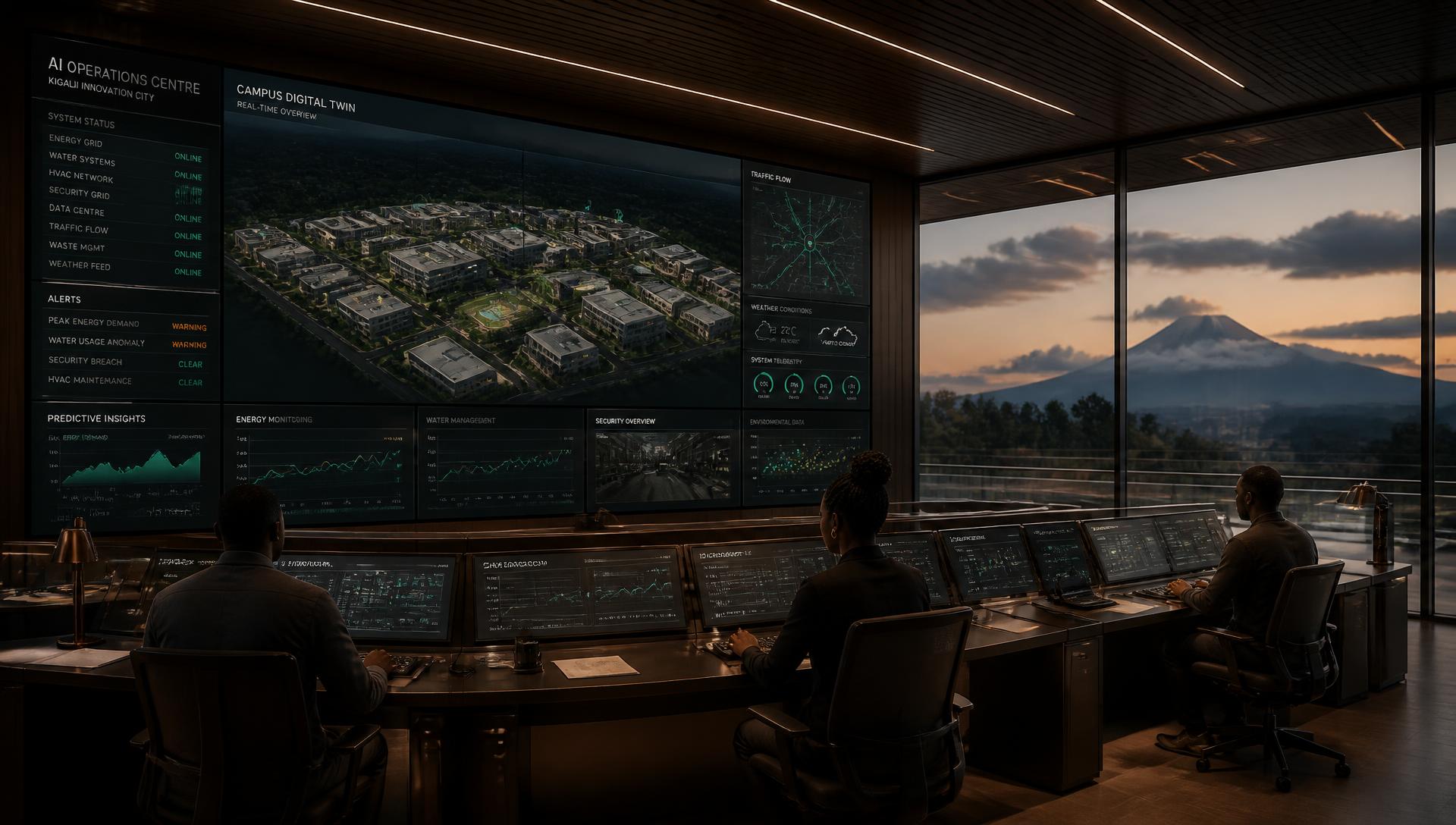 Wide view of the AI operations centre screen wall at dusk