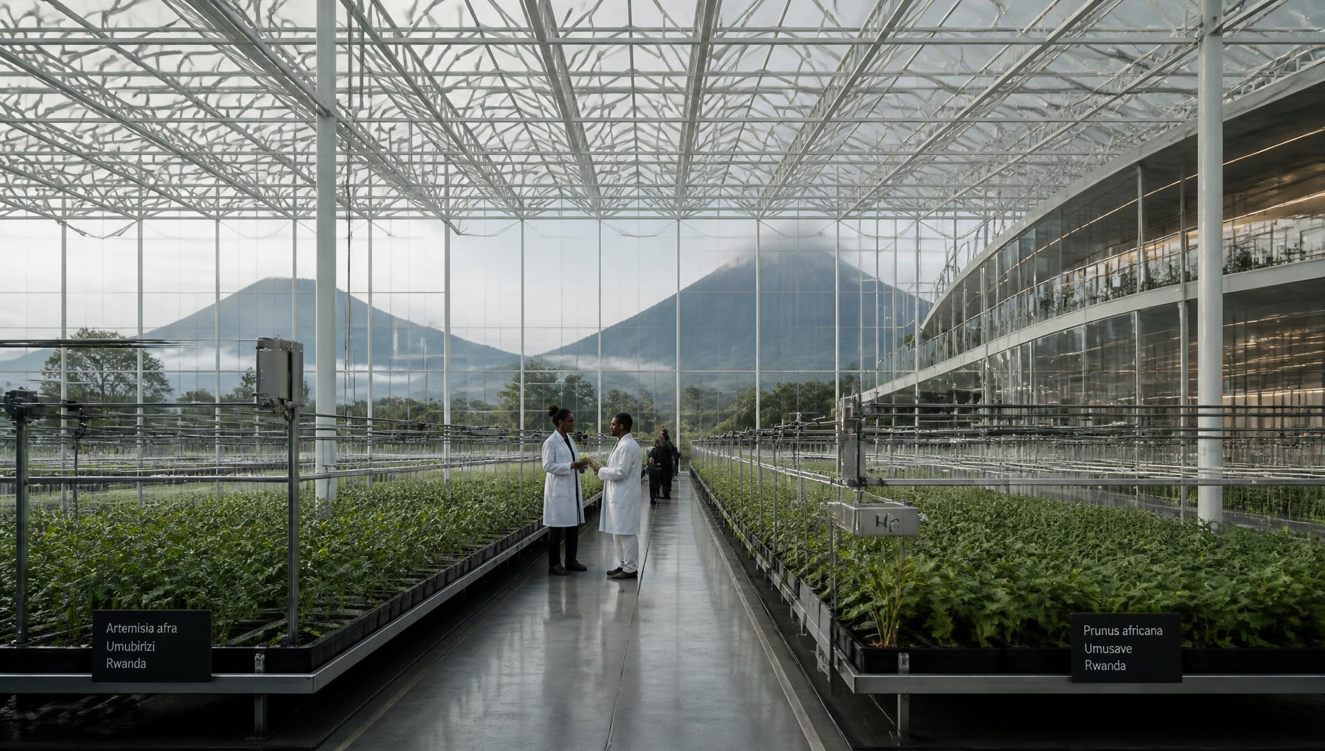 Glasshouse growing aisle with white gridshell structure and the Virunga range beyond