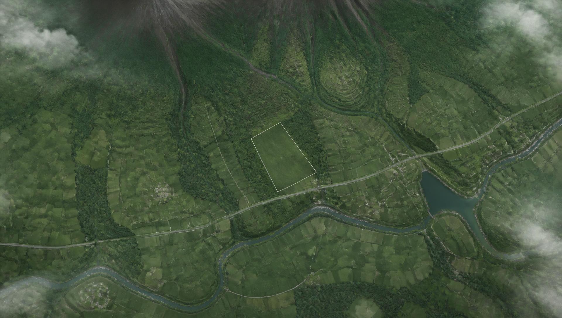 Satellite-style aerial illustration of the Musanze site and surrounding terrain
