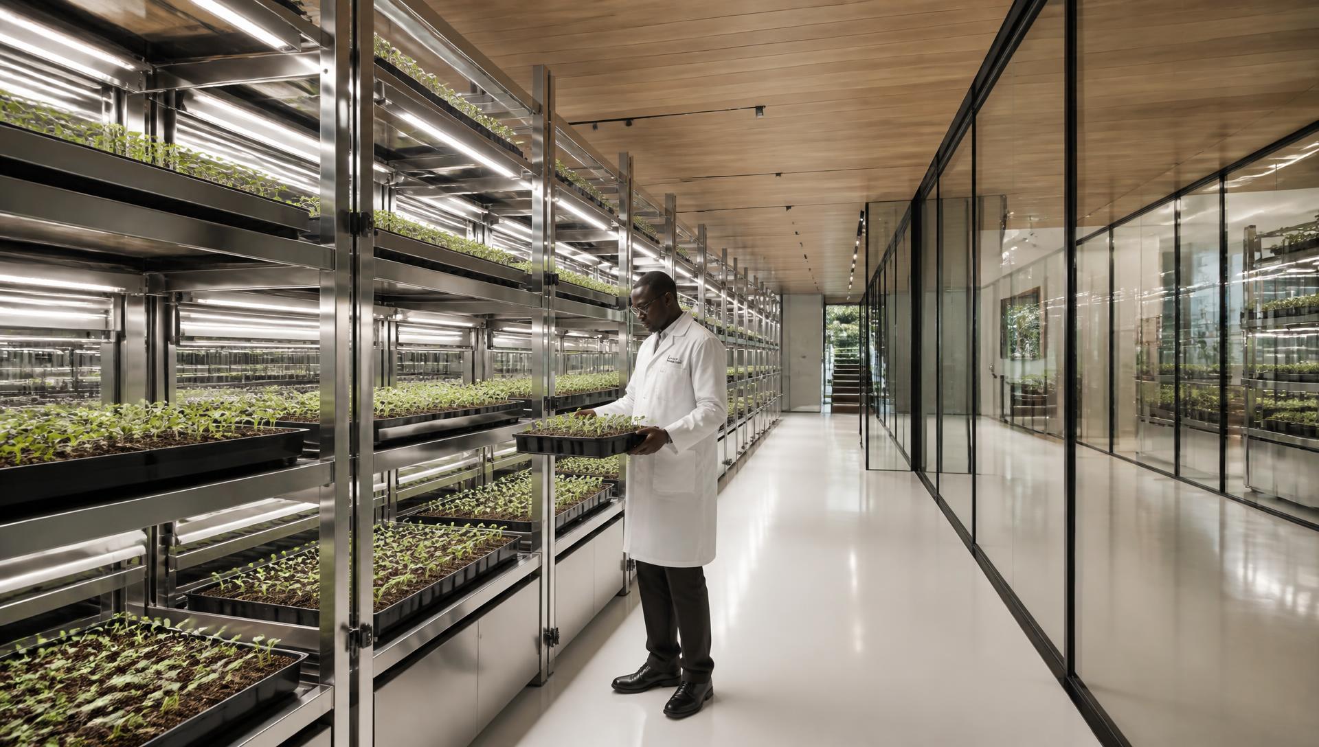Propagation nursery with tiered stainless racking and LED-lit seedling trays