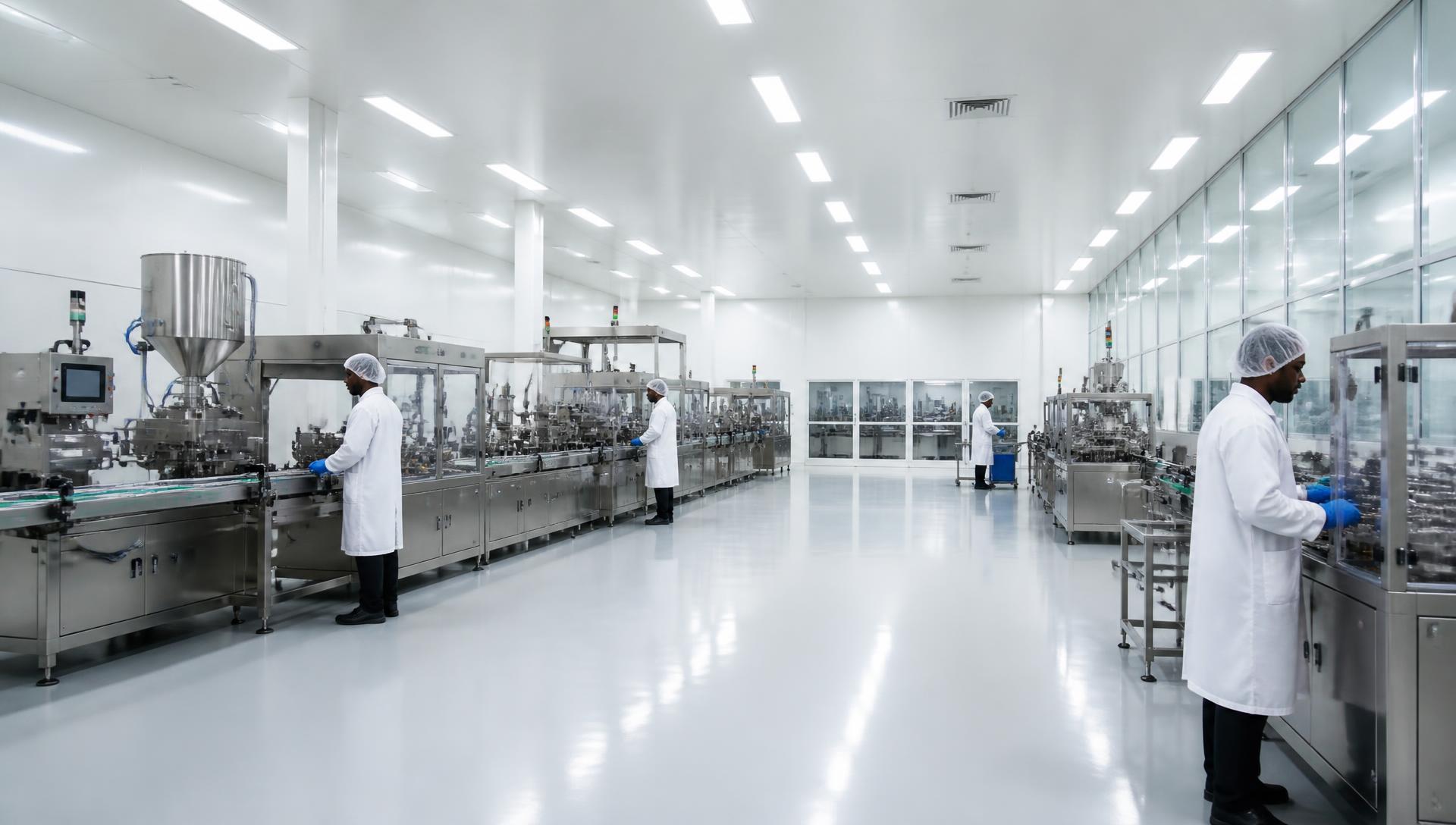 Pharmaceutical packaging hall with stainless steel lines and gowned technicians