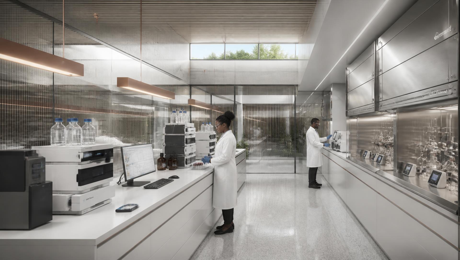 Quality control laboratory with analytical instruments and gowned scientists