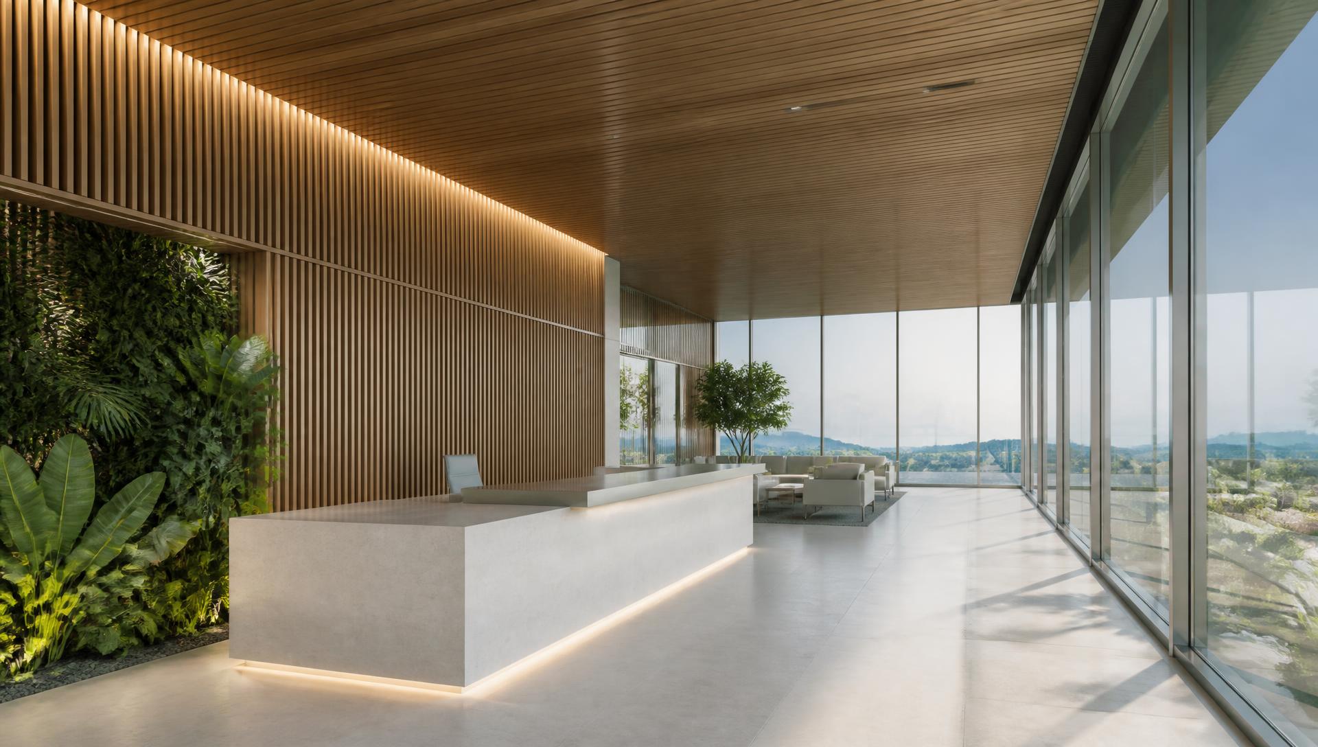 Executive reception with stone desk, timber wall and green planting
