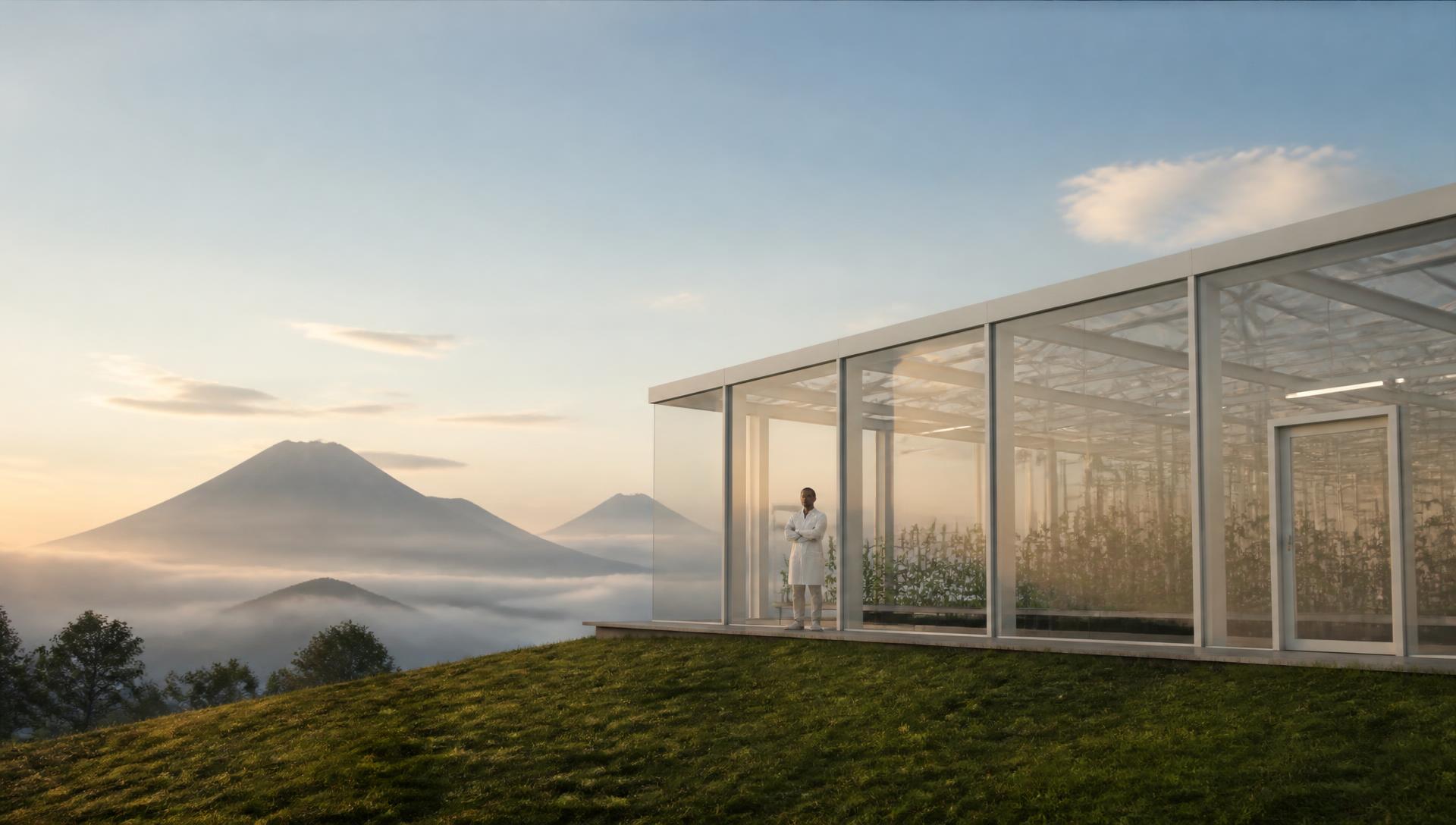 Glass research pavilion on a Rwandan hillside at dawn with volcanoes beyond