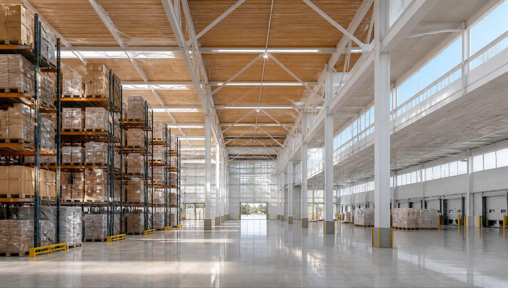 Export warehouse with white steel structure, timber soffit and high racking